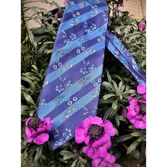 Paul Smith silk necktie with stripes and flowers in blue - Picture 1 of 5